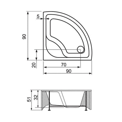 Cădiță de duș semirotundă 90 x 90 x 48 Deea